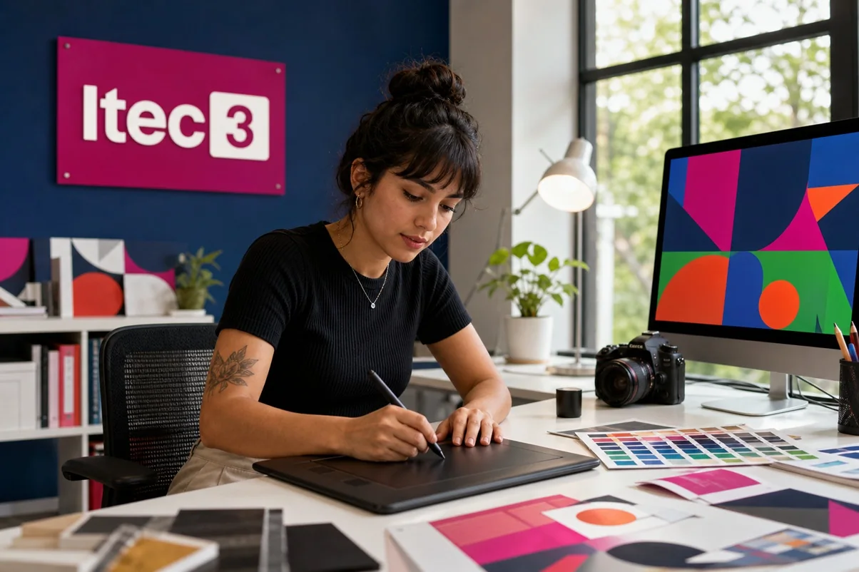 Escena ilustrativa de diseño gráfico con tableta digital y materiales visuales